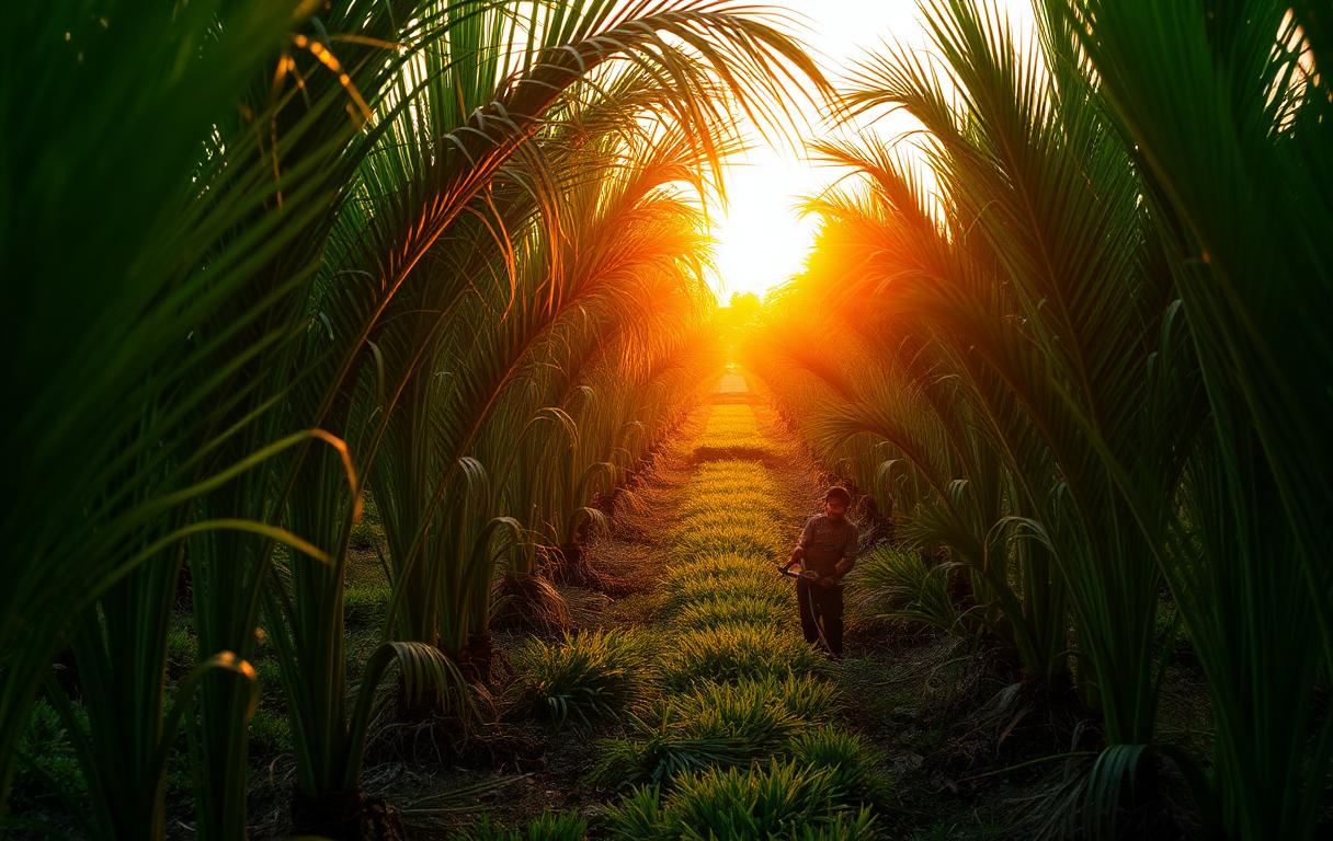 Trabajador entre palmas de aceite al atardecer